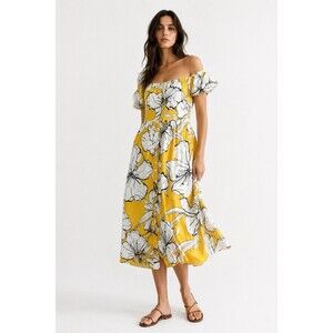 Margaux Riviera Yellow Floral Off Shoulder Midi Dress Size Small 100% Viscose